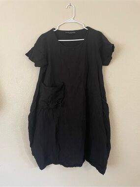 Patrizia Montanari Pocket Dress Black Cotton-Linen Blend Free Size